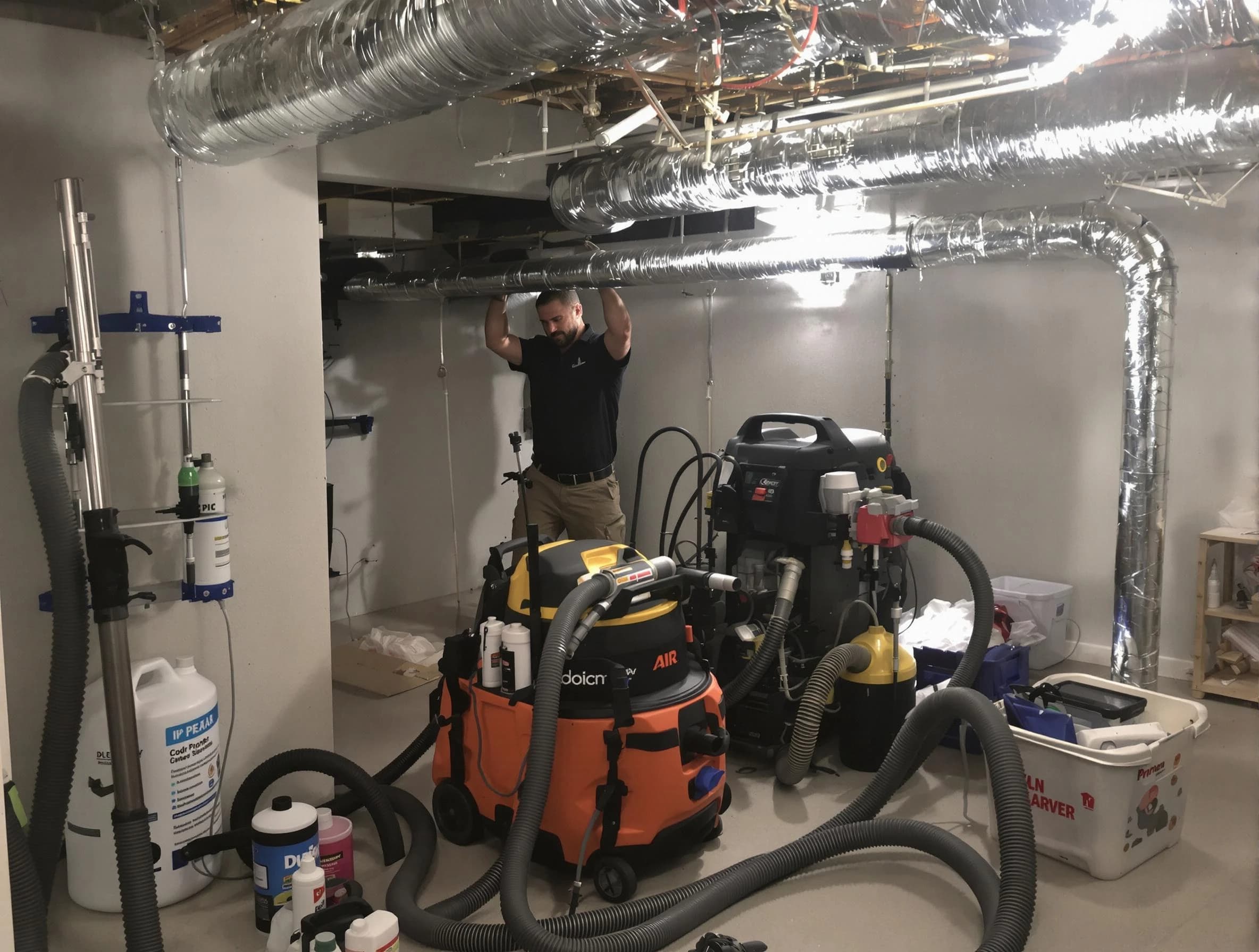 Pine Air Duct Cleaning specialist performing professional mold removal from air ducts using safety equipment in Pine
